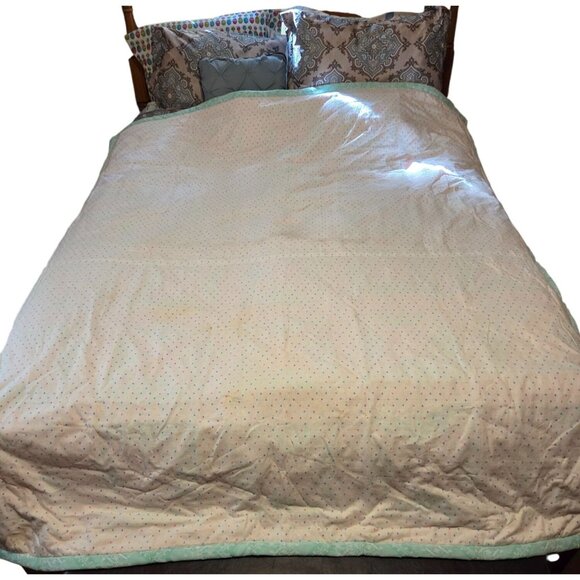 Handmade Pink & Green Star Patchwork Quilt w Heart Print Back 82x68 - Picture 6 of 6